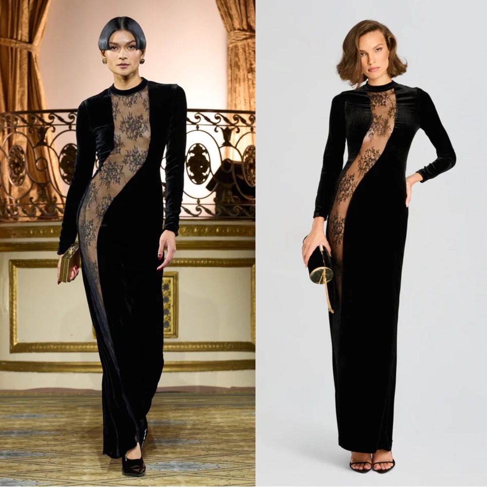 Retrofete Amor Velvet Dress maxi lace sheer Black gown party Revolve NWT $995 S